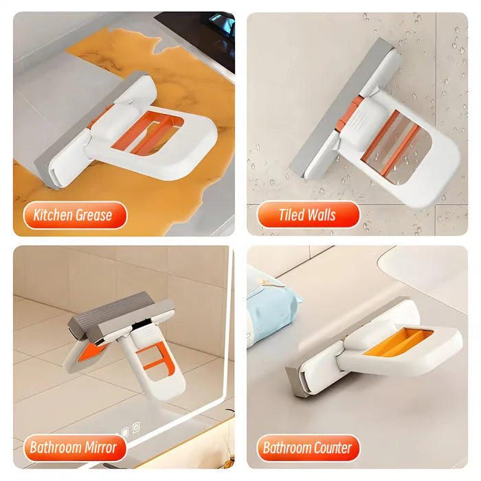 2-in-1 Self-Squeeze Portable Mop: 2 Extra Sponge Heads for Bathroom Corners, Kitchen Tiles, Car & RV Cleaning - Compact Travel Mop (Orange)