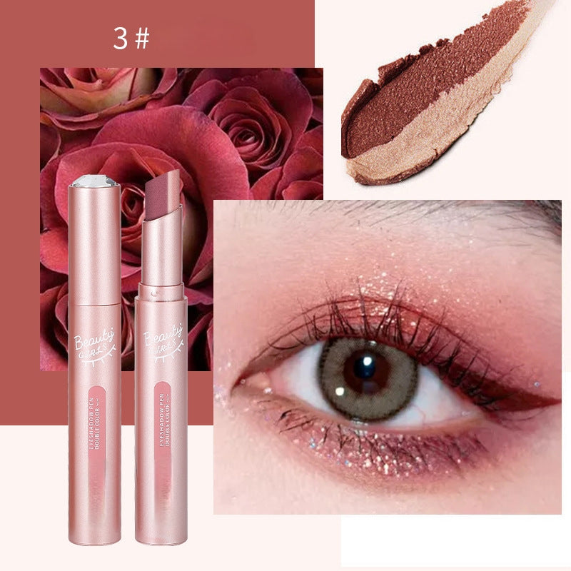 👑Gradient two-color eye shadow pen Pearl glitter powder earth tone is not easy to smudge makeup lazy eye shadow stick.