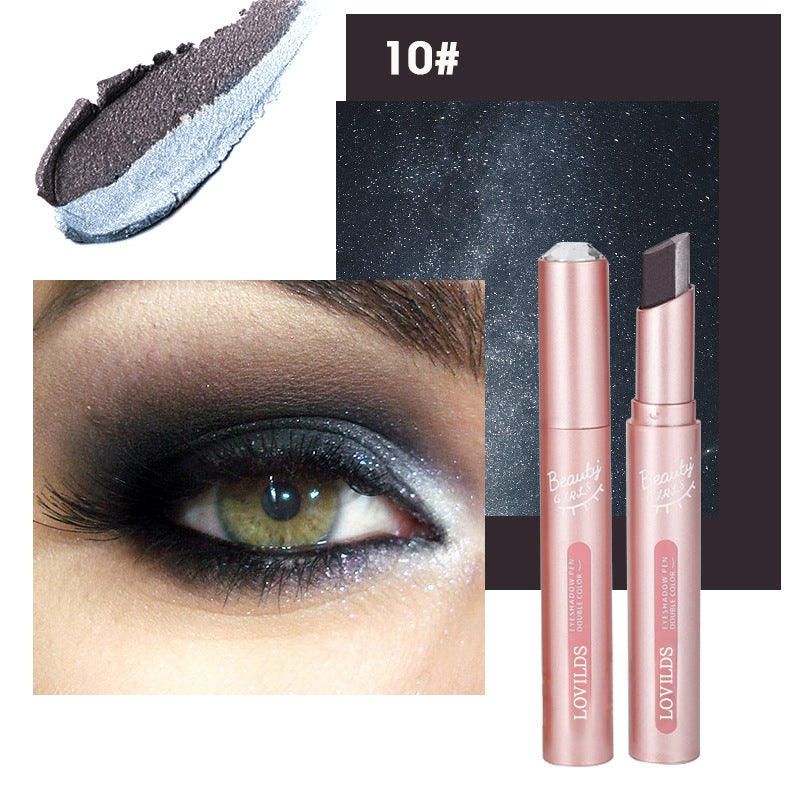 👑Gradient two-color eye shadow pen Pearl glitter powder earth tone is not easy to smudge makeup lazy eye shadow stick.