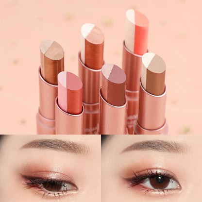 👑Gradient two-color eye shadow pen Pearl glitter powder earth tone is not easy to smudge makeup lazy eye shadow stick.